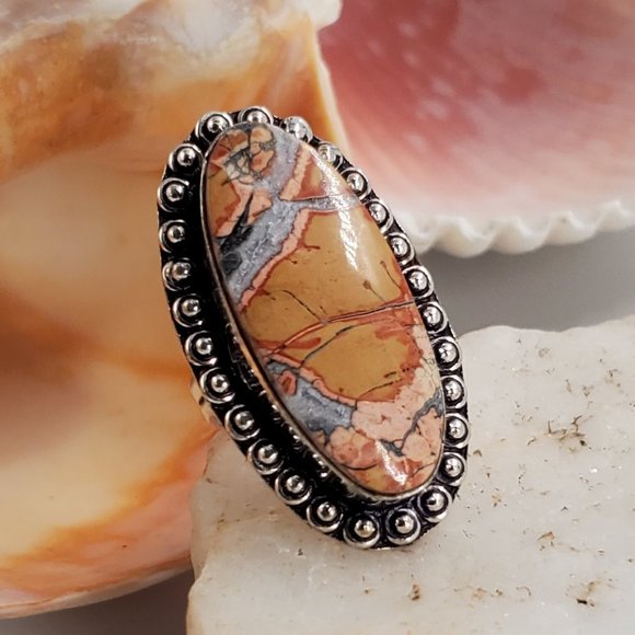 Handmade Artisan Jewelry - Silver Ring Natural Picasso Jasper Stone